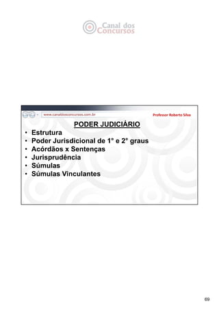 69
Professor Roberto Silva
PODER JUDICIÁRIO
• Estrutura
• Poder Jurisdicional de 1° e 2° graus
• Acórdãos x Sentenças
• Jurisprudência
• Súmulas
• Súmulas Vinculantes
 
