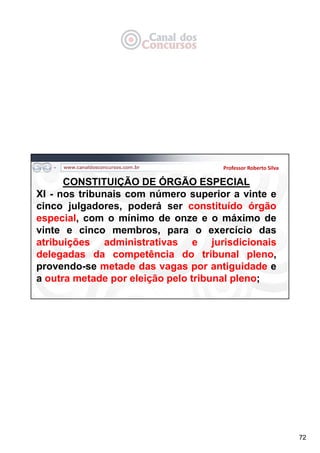72
Professor Roberto Silva
CONSTITUIÇÃO DE ÓRGÃO ESPECIAL
XI - nos tribunais com número superior a vinte e
cinco julgadores, poderá ser constituído órgão
especial, com o mínimo de onze e o máximo de
vinte e cinco membros, para o exercício das
atribuições administrativas e jurisdicionais
delegadas da competência do tribunal pleno,
provendo-se metade das vagas por antiguidade e
a outra metade por eleição pelo tribunal pleno;
 
