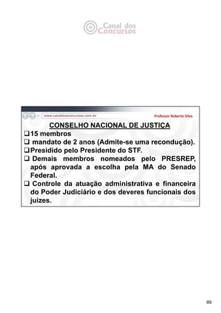 89
Professor Roberto Silva
CONSELHO NACIONAL DE JUSTIÇA
15 membros
 mandato de 2 anos (Admite-se uma recondução).
Presidido pelo Presidente do STF.
 Demais membros nomeados pelo PRESREP,
após aprovada a escolha pela MA do Senado
Federal.
 Controle da atuação administrativa e financeira
do Poder Judiciário e dos deveres funcionais dos
juízes.
 