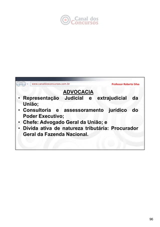 96
Professor Roberto Silva
ADVOCACIA
• Representação Judicial e extrajudicial da
União;
• Consultoria e assessoramento jurídico do
Poder Executivo;
• Chefe: Advogado Geral da União; e
• Dívida ativa de natureza tributária: Procurador
Geral da Fazenda Nacional.
 
