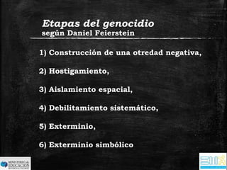 Etapas del genocidio 
según Daniel Feierstein 
1) Construcción de una otredad negativa, 
2) Hostigamiento, 
3) Aislamiento espacial, 
4) Debilitamiento sistemático, 
5) Exterminio, 
6) Exterminio simbólico 
 