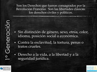  Sin distinción de género, sexo, etnia, color, 
idioma, posición social o económica. 
 Contra la esclavitud, la tortura, penas o 
tratos crueles. 
 Derecho a la vida, a la libertad y a la 
seguridad jurídica. 
1° Generación 
Son los Derechos que fueron consagrados por la 
Revolución Francesa. Son las libertades clásicas: 
los derechos civiles y políticos. 
 