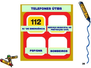 N.º DE EMERGÊNCIA SERVIÇO MUNICIPAL DE  PROTECÇÃO CIVIL PSP/GNR BOMBEIROS TELEFONES ÚTEIS 
