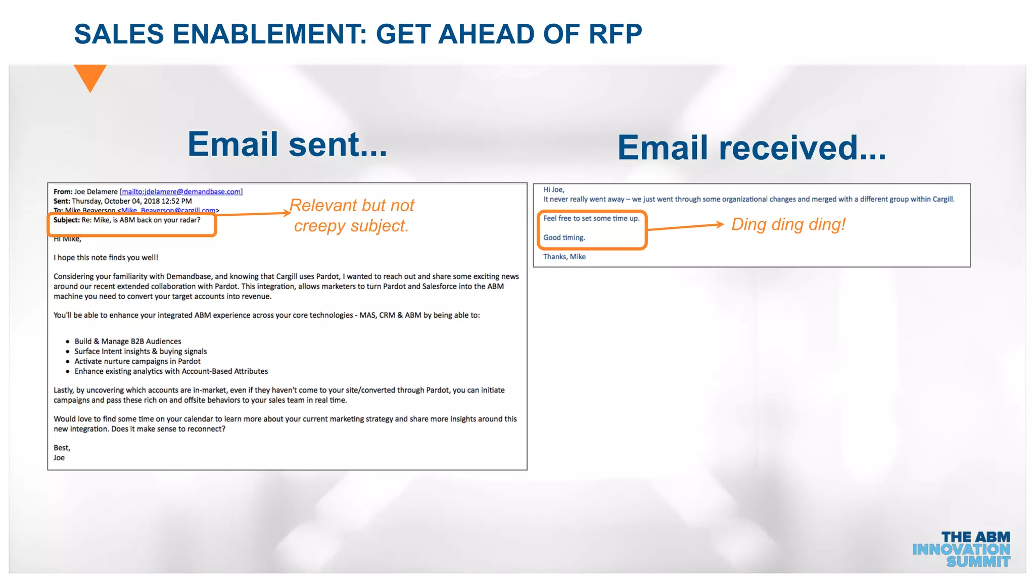 SALES ENABLEMENT: GET AHEAD OF RFP
Email sent... Email received...
Relevant but not
creepy subject. Ding ding ding!
 