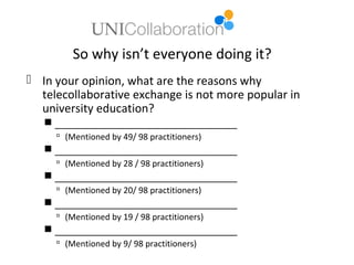So why isn’t everyone doing it?
 In your opinion, what are the reasons why
  telecollaborative exchange is not more popular in
  university education?
    __________________________________
      (Mentioned by 49/ 98 practitioners)
    __________________________________
      (Mentioned by 28 / 98 practitioners)
    __________________________________
      (Mentioned by 20/ 98 practitioners)
    __________________________________
      (Mentioned by 19 / 98 practitioners)
    __________________________________
      (Mentioned by 9/ 98 practitioners)
 