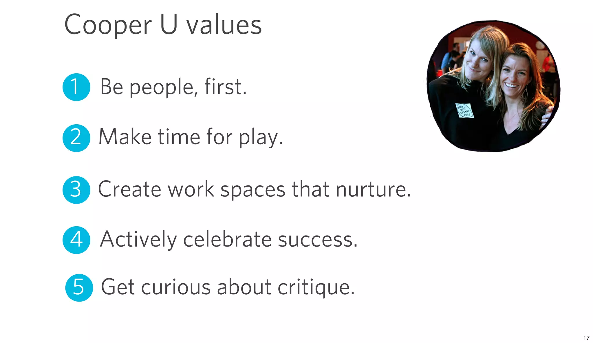 Cooper U values

1 Be people, ﬁrst.

2 Make time for play.

3 Create work spaces that nurture.

4 Actively celebrate success.

5 Get curious about critique.
 