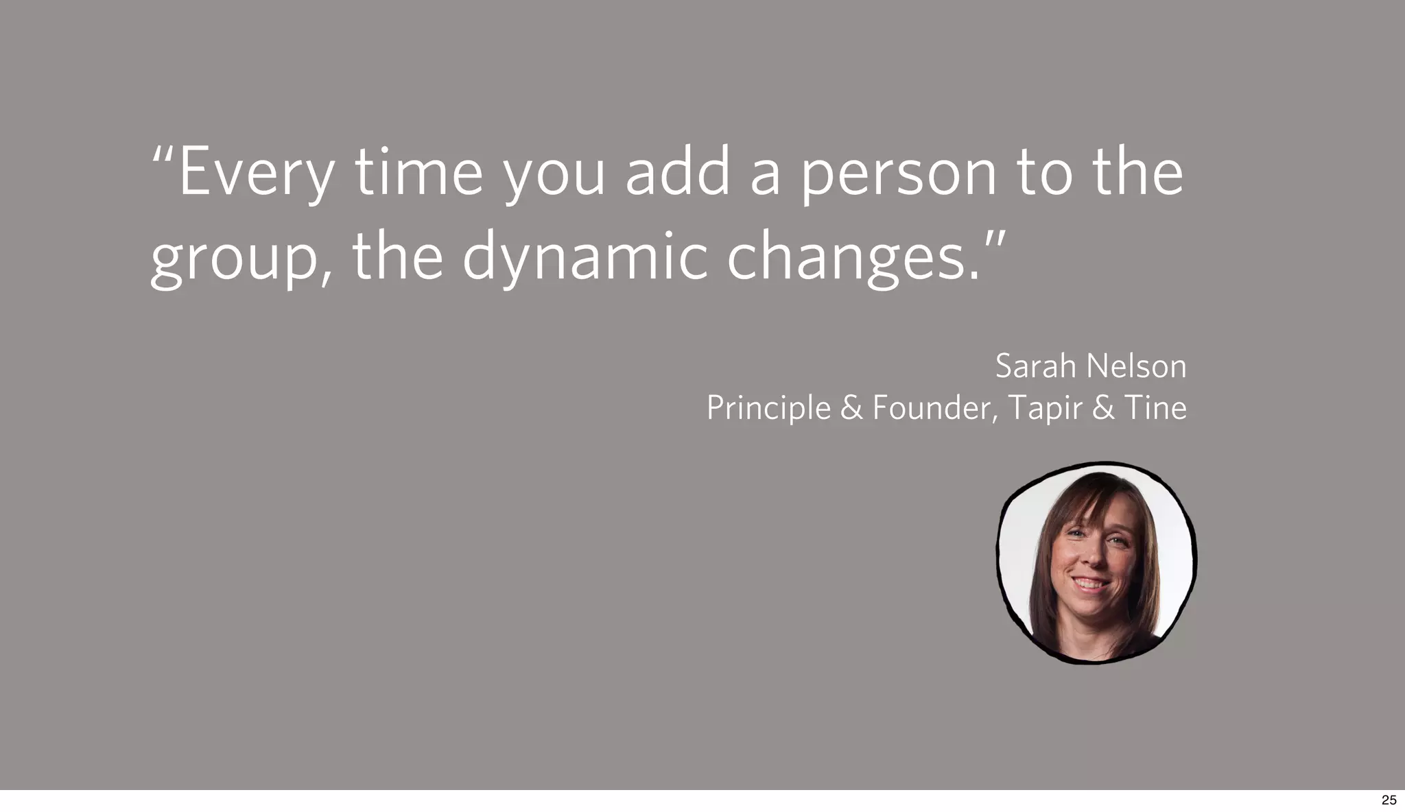“Every time you add a person to the
group, the dynamic changes.”
                                     Sarah Nelson
                  Principle & Founder, Tapir & Tine
 