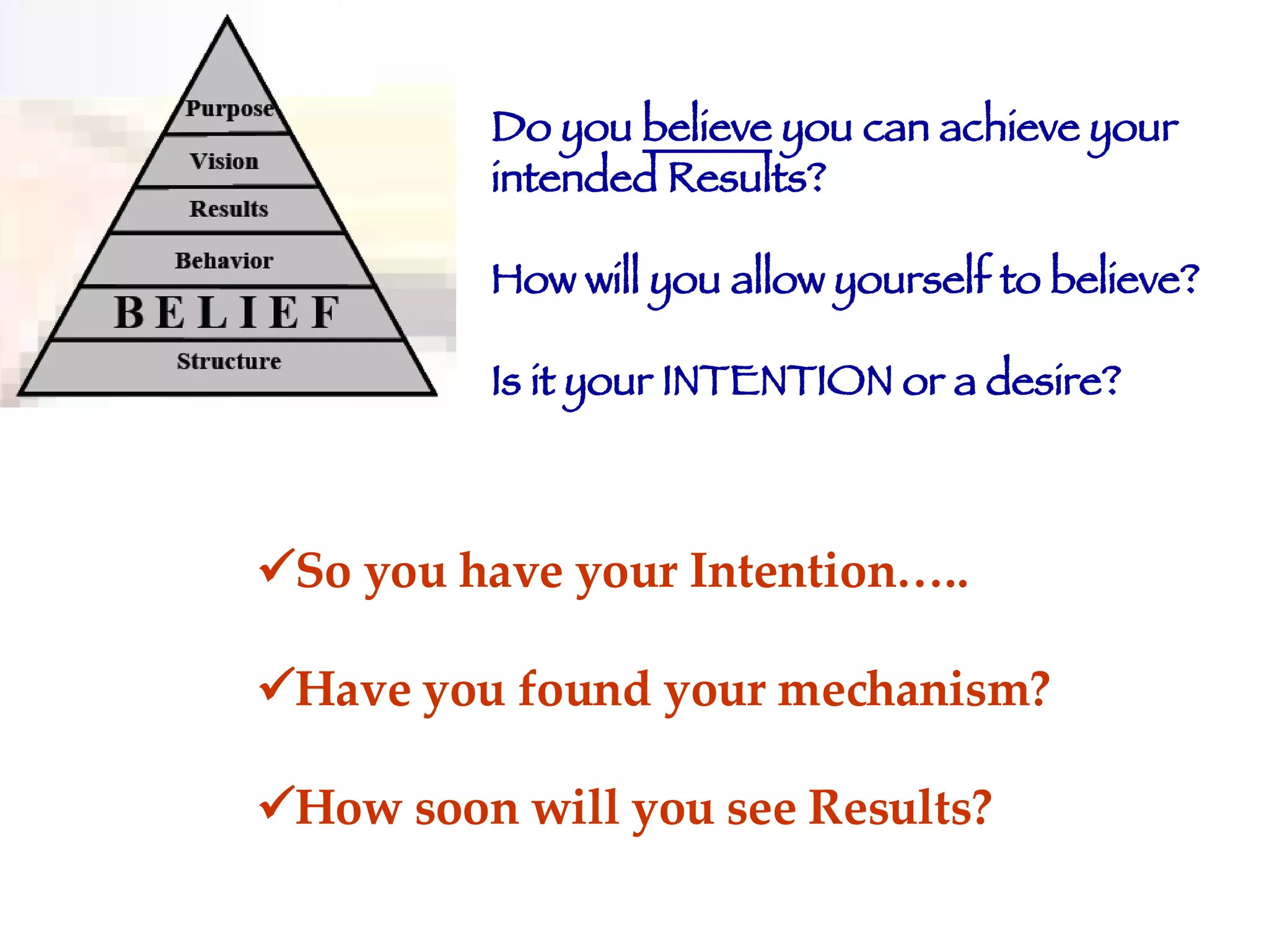 Do you  believe  you can achieve your intended Results? How will you allow yourself to believe? Is it your INTENTION or a desire?   So you have your Intention…..  Have you found your mechanism?  How soon will you see Results? 
