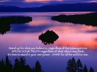 Stand up for what you believe in, regardless of the consequences. SPEAK YOUR TRUTH regardless of what others may think. It’s time to stand in your own power.  SHINE for all the world to see. 