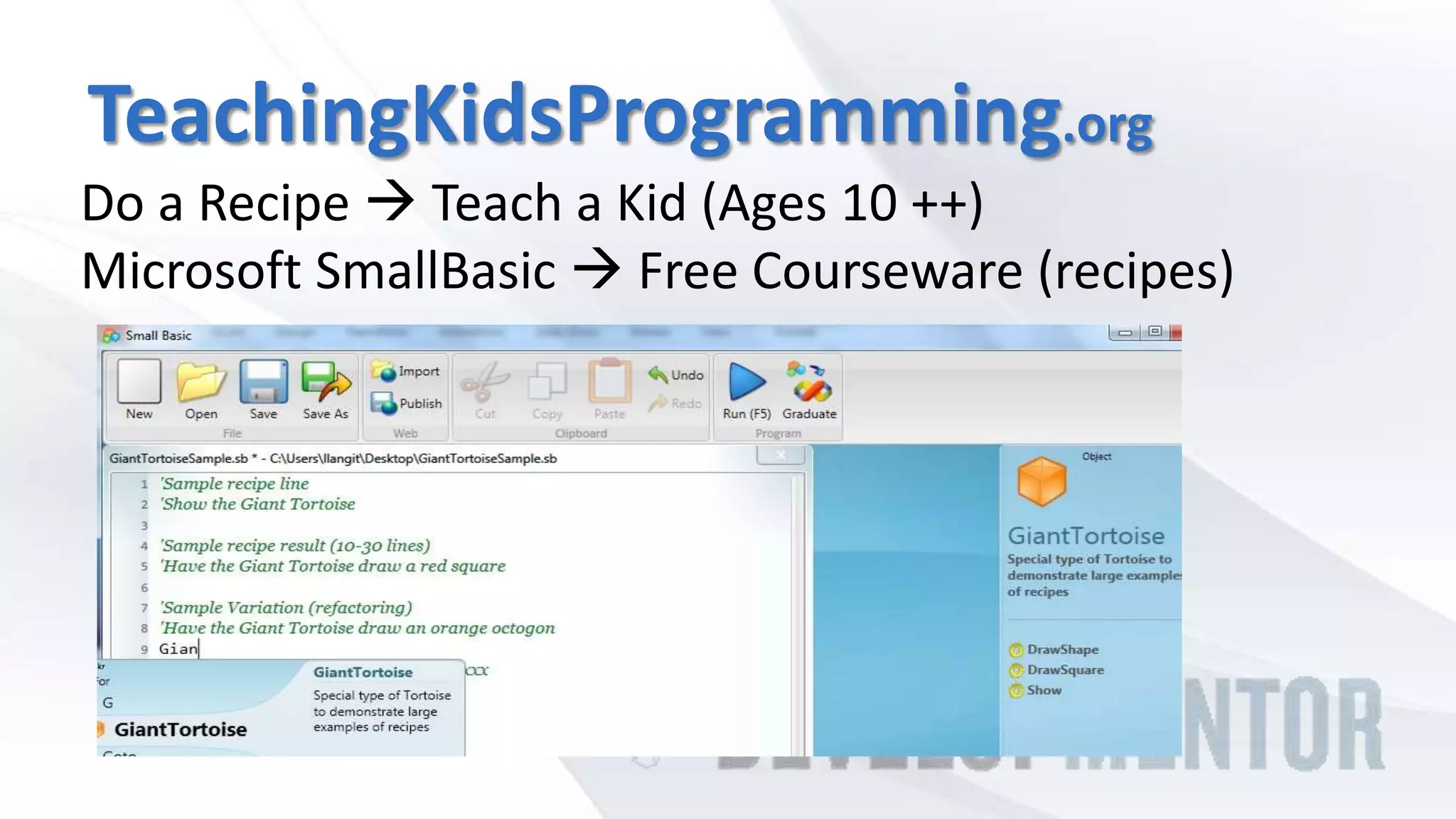 TeachingKidsProgramming.org
Do a Recipe  Teach a Kid (Ages 10 ++)
Microsoft SmallBasic  Free Courseware (recipes)
 