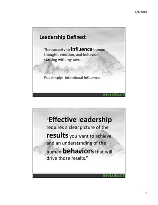 4/4/2018
1
Leadership Defined:
The capacity to influence human 
thought, emotion, and behavior, 
starting with my own.
Put simply:  Intentional Influence.
“Effective leadership 
requires a clear picture of the 
results you want to achieve 
and an understanding of the 
human behaviors that will 
drive those results.”
 
