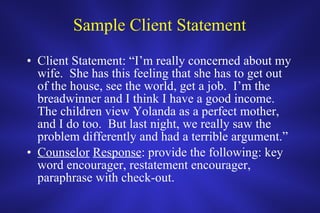Sample Client Statement Client Statement: “I’m really concerned about my wife.  She has this feeling that she has to get out of the house, see the world, get a job.  I’m the breadwinner and I think I have a good income.  The children view Yolanda as a perfect mother, and I do too.  But last night, we really saw the problem differently and had a terrible argument.” Counselor   Response : provide the following: key word encourager, restatement encourager, paraphrase with check-out. 