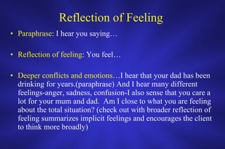 Reflection of Feeling  Paraphrase : I hear you saying… Reflection of feeling : You feel… Deeper conflicts and emotions …I hear that your dad has been drinking for years.(paraphrase) And I hear many different feelings-anger, sadness, confusion-I also sense that you care a lot for your mum and dad.  Am I close to what you are feeling about the total situation? (check out with broader reflection of feeling summarizes implicit feelings and encourages the client to think more broadly) 