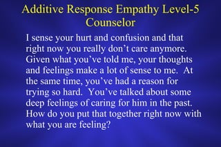 Additive Response Empathy Level-5 Counselor I sense your hurt and confusion and that right now you really don’t care anymore.  Given what you’ve told me, your thoughts and feelings make a lot of sense to me.  At the same time, you’ve had a reason for trying so hard.  You’ve talked about some deep feelings of caring for him in the past. How do you put that together right now with what you are feeling? 