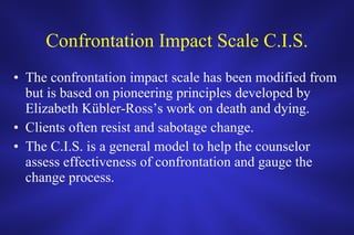 Confrontation Impact Scale C.I.S. The confrontation impact scale has been modified from but is based on pioneering principles developed by Elizabeth Kübler-Ross’s work on death and dying.  Clients often resist and sabotage change. The C.I.S. is a general model to help the counselor assess effectiveness of confrontation and gauge the change process.  