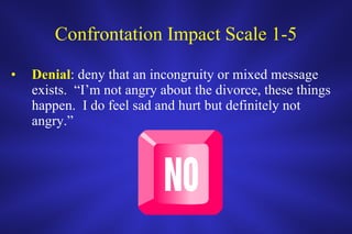 Confrontation Impact Scale 1-5 Denial : deny that an incongruity or mixed message exists.  “I’m not angry about the divorce, these things happen.  I do feel sad and hurt but definitely not angry.” 