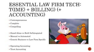  Contemporaneous 
 Complete 
 Compelling 
 Stand-Alone vs Built-In/Integrated 
 Manual vs Automated 
 Generic Business vs Law Firm Specific 
 Operating Accounting 
 Trust Accounting 
 