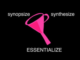 synopsize synthesize
ESSENTIALIZE
 