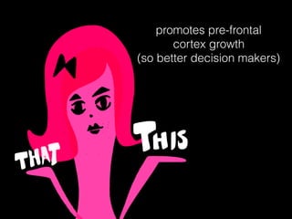 promotes pre-frontal
cortex growth
(so better decision makers)
 