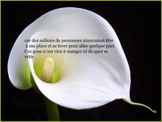 car des milions de personnes aimeraient être à ma place et se lever pour aller quelque part. Ces gens n’ont rien à manger ni de quoi se  vêtir. 