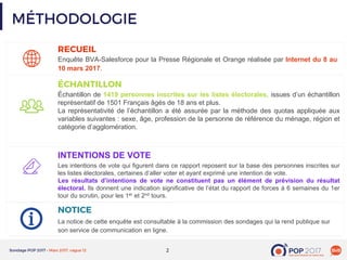 2
La notice de cette enquête est consultable à la commission des sondages qui la rend publique sur
son service de communication en ligne.
Enquête BVA-Salesforce pour la Presse Régionale et Orange réalisée par Internet du 8 au
10 mars 2017.
Échantillon de 1419 personnes inscrites sur les listes électorales, issues d’un échantillon
représentatif de 1501 Français âgés de 18 ans et plus.
La représentativité de l’échantillon a été assurée par la méthode des quotas appliquée aux
variables suivantes : sexe, âge, profession de la personne de référence du ménage, région et
catégorie d’agglomération.
INTENTIONS DE VOTE
Les intentions de vote qui figurent dans ce rapport reposent sur la base des personnes inscrites sur
les listes électorales, certaines d’aller voter et ayant exprimé une intention de vote.
Les résultats d’intentions de vote ne constituent pas un élément de prévision du résultat
électoral. Ils donnent une indication significative de l’état du rapport de forces à 6 semaines du 1er
tour du scrutin, pour les 1er et 2nd tours.
 