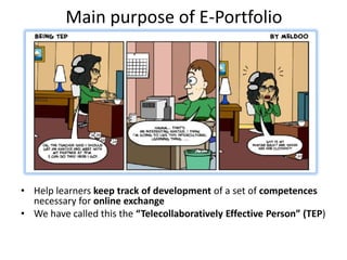 Main purpose of E-Portfolio




• Help learners keep track of development of a set of competences
  necessary for online exchange
• We have called this the “Telecollaboratively Effective Person” (TEP)
 