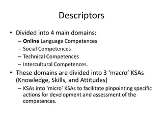 Descriptors
• Divided into 4 main domains:
  –   Online Language Competences
  –   Social Competences
  –   Technical Competences
  –   Intercultural Competences.
• These domains are divided into 3 ‘macro’ KSAs
  (Knowledge, Skills, and Attitudes)
  – KSAs into ‘micro’ KSAs to facilitate pinpointing specific
    actions for development and assessment of the
    competences.
 