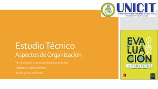 EstudioTécnico
AspectosdeOrganización
Formulación y evaluación de proyectos
Gabriela López Muñoz
20 de junio del 2018
 