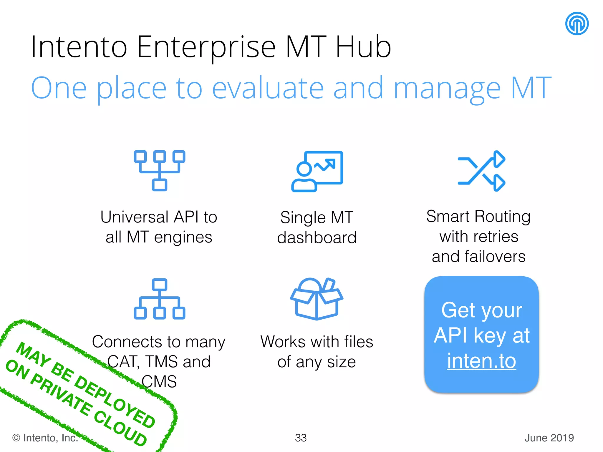 June 2019© Intento, Inc.
Intento Enterprise MT Hub
One place to evaluate and manage MT
Universal API to
all MT engines
Single MT
dashboard
Connects to many
CAT, TMS and
CMS
Works with ﬁles
of any size
Get your
API key at
inten.to
33
Smart Routing
with retries
and failovers
MAY BE DEPLOYED
ON
PRIVATE CLOUD
 
