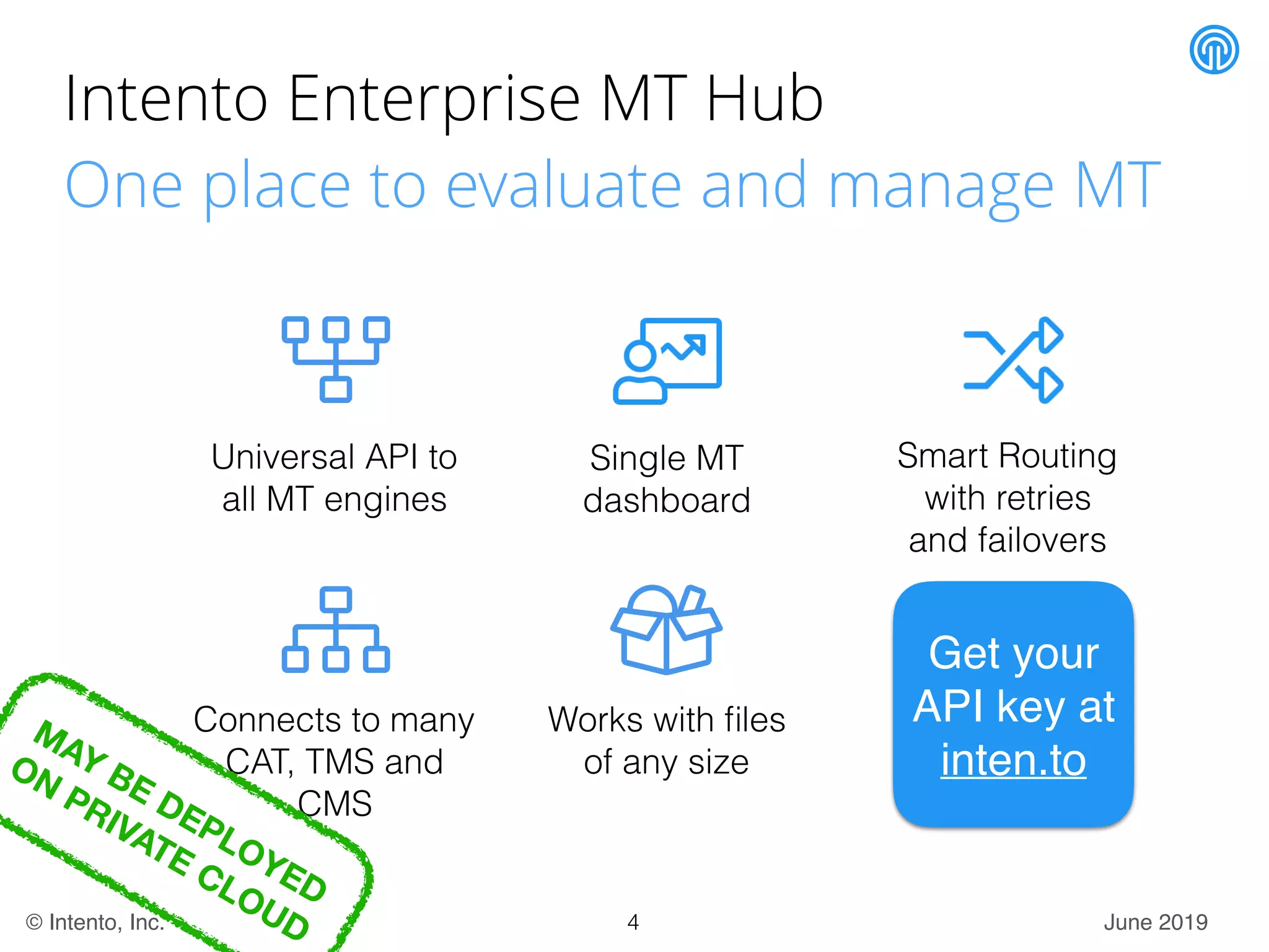 June 2019© Intento, Inc.
Intento Enterprise MT Hub
One place to evaluate and manage MT
Universal API to
all MT engines
Single MT
dashboard
Connects to many
CAT, TMS and
CMS
Works with ﬁles
of any size
Get your
API key at
inten.to
4
Smart Routing
with retries
and failovers
MAY BE DEPLOYED
ON
PRIVATE CLOUD
 