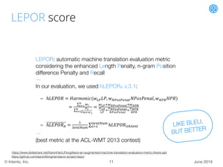 June 2019© Intento, Inc.
LEPOR score
LEPOR: automatic machine translation evaluation metric
considering the enhanced Lengt...