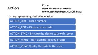 Action
• String representing desired operation
ACTION_DIAL – Dial a number
ACTION_EDIT – Display data to edit
ACTION_SYNC – Synchronize device data with server
ACTION_MAIN – Start as initial activity of app
ACTION_VIEW: Display the data to the user.
Code
Intent newInt = new Intent();
newInt.setAction(Intent.ACTION_DIAL);
 