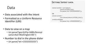 Data
• Data associated with the Intent
• Formatted as a Uniform Resource
Identifier (URI)
• Data to view on a map
• Uri.parse(“geo:0,0?q=1600+Pennsyl
vania+Ave+Washington+DC”)
• Number to dial in the phone dialer
• Uri.parse(“tel:+15555555555”)
 