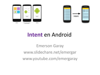 Intent en Android
Emerson Garay
www.slidechare.net/emergar
www.youtube.com/emergaray
 