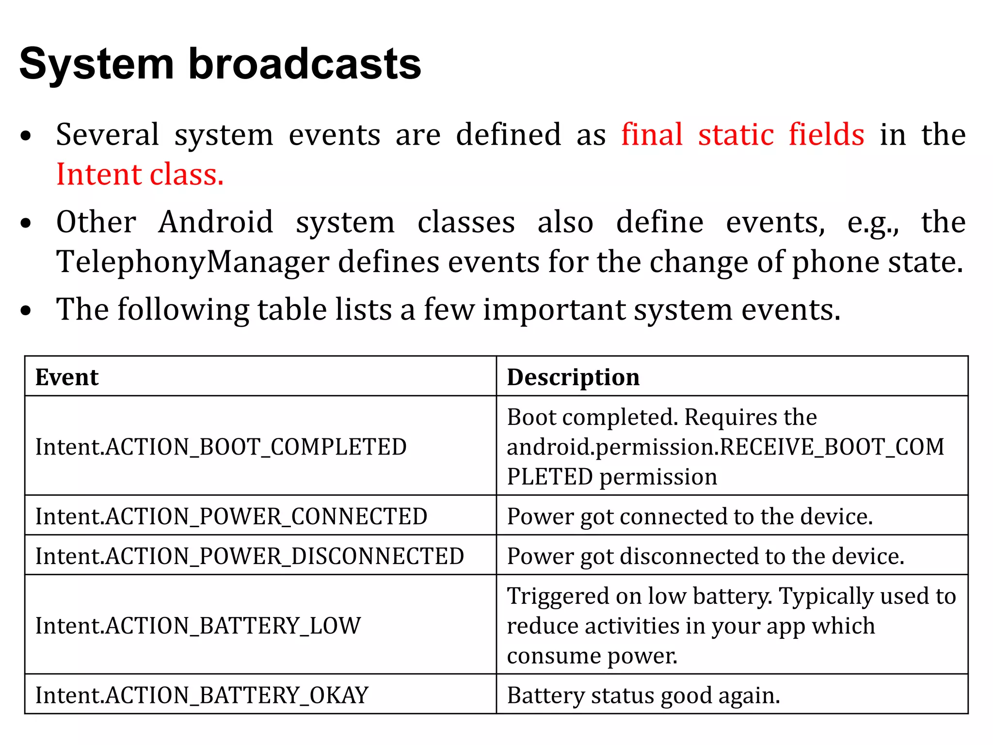 System broadcasts
• Several system events are defined as final static fields in the
Intent class.
• Other Android system classes also define events, e.g., the
TelephonyManager defines events for the change of phone state.
• The following table lists a few important system events.
Event Description
Intent.ACTION_BOOT_COMPLETED
Boot completed. Requires the
android.permission.RECEIVE_BOOT_COM
PLETED permission
Intent.ACTION_POWER_CONNECTED Power got connected to the device.
Intent.ACTION_POWER_DISCONNECTED Power got disconnected to the device.
Intent.ACTION_BATTERY_LOW
Triggered on low battery. Typically used to
reduce activities in your app which
consume power.
Intent.ACTION_BATTERY_OKAY Battery status good again.
 