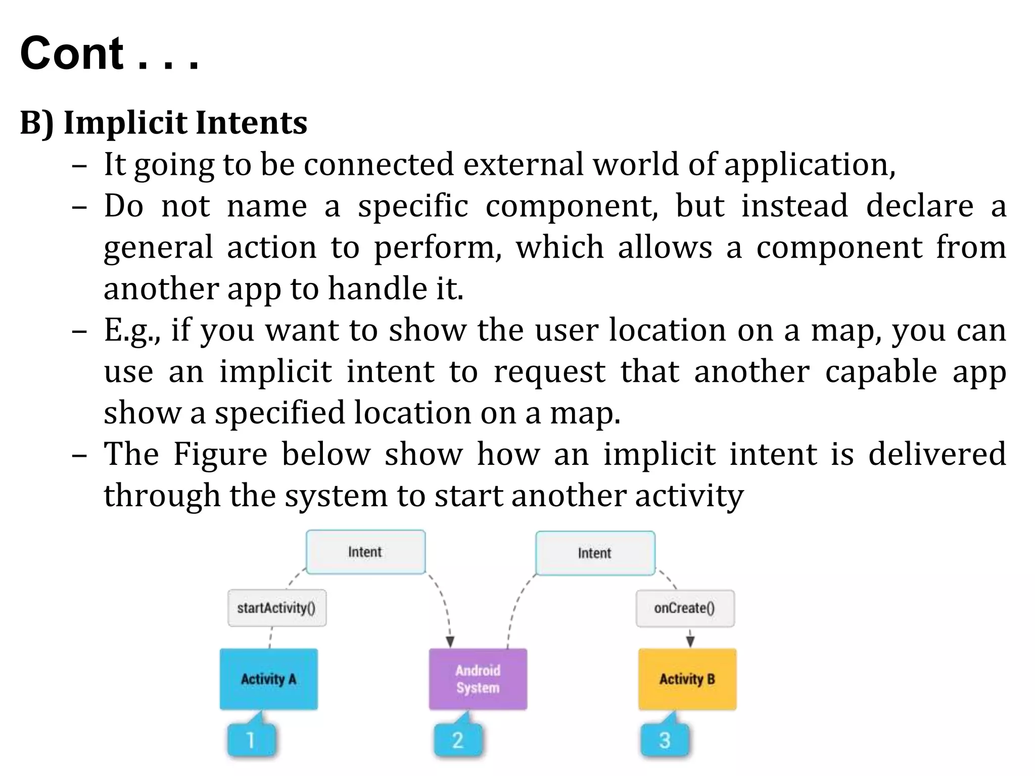 Cont . . .
B) Implicit Intents
– It going to be connected external world of application,
– Do not name a specific component, but instead declare a
general action to perform, which allows a component from
another app to handle it.
– E.g., if you want to show the user location on a map, you can
use an implicit intent to request that another capable app
show a specified location on a map.
– The Figure below show how an implicit intent is delivered
through the system to start another activity
 