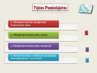 1. Mendeskripsikan pengertian
interpretasi peta
2. Menginterpretasi peta umum
3. Menginterpretasi peta topografi
4. Menginterpretasi & membuat penampang
melintang bentuk muka bumi