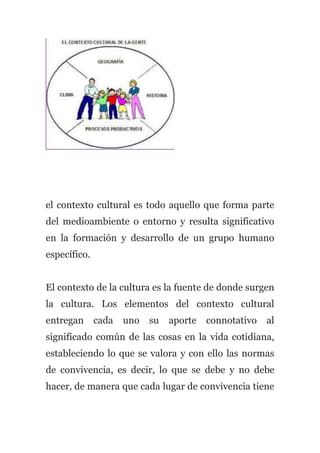 el contexto cultural es todo aquello que forma parte
del medioambiente o entorno y resulta significativo
en la formación y desarrollo de un grupo humano
específico.
El contexto de la cultura es la fuente de donde surgen
la cultura. Los elementos del contexto cultural
entregan cada uno su aporte connotativo al
significado común de las cosas en la vida cotidiana,
estableciendo lo que se valora y con ello las normas
de convivencia, es decir, lo que se debe y no debe
hacer, de manera que cada lugar de convivencia tiene
 