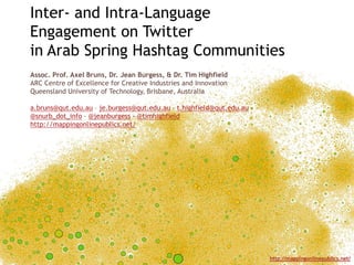 Inter- and Intra-Language
Engagement on Twitter
in Arab Spring Hashtag Communities
Assoc. Prof. Axel Bruns, Dr. Jean Burgess, & Dr. Tim Highfield
ARC Centre of Excellence for Creative Industries and Innovation
Queensland University of Technology, Brisbane, Australia

a.bruns@qut.edu.au – je.burgess@qut.edu.au – t.highfield@qut.edu.au
@snurb_dot_info - @jeanburgess - @timhighfield
http://mappingonlinepublics.net/




                                                                      http://mappingonlinepublics.net/
 