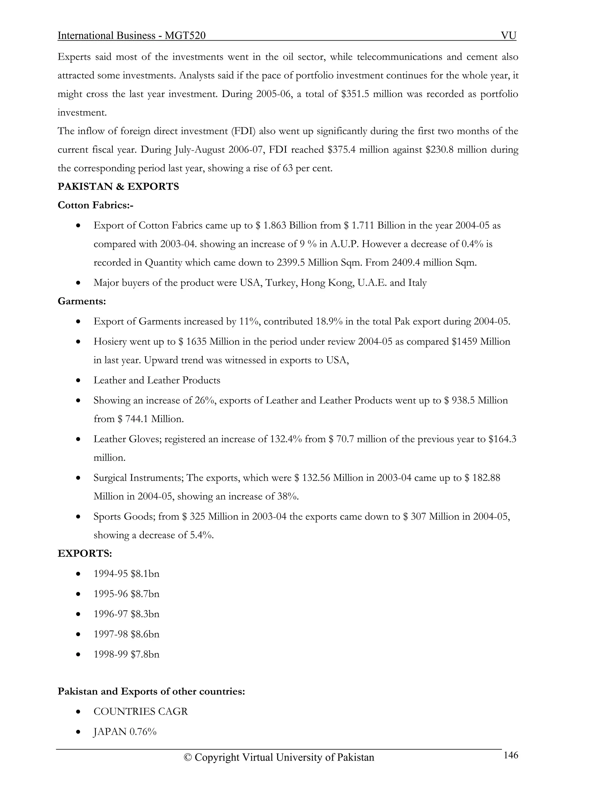 International Business - MGT520                                                                          VU
Experts said most of the investments went in the oil sector, while telecommunications and cement also
attracted some investments. Analysts said if the pace of portfolio investment continues for the whole year, it
might cross the last year investment. During 2005-06, a total of $351.5 million was recorded as portfolio
investment.
The inflow of foreign direct investment (FDI) also went up significantly during the first two months of the
current fiscal year. During July-August 2006-07, FDI reached $375.4 million against $230.8 million during
the corresponding period last year, showing a rise of 63 per cent.
PAKISTAN & EXPORTS
Cotton Fabrics:-
    •   Export of Cotton Fabrics came up to $ 1.863 Billion from $ 1.711 Billion in the year 2004-05 as
        compared with 2003-04. showing an increase of 9 % in A.U.P. However a decrease of 0.4% is
        recorded in Quantity which came down to 2399.5 Million Sqm. From 2409.4 million Sqm.
    •   Major buyers of the product were USA, Turkey, Hong Kong, U.A.E. and Italy
Garments:
    •   Export of Garments increased by 11%, contributed 18.9% in the total Pak export during 2004-05.
    •   Hosiery went up to $ 1635 Million in the period under review 2004-05 as compared $1459 Million
        in last year. Upward trend was witnessed in exports to USA,
    •   Leather and Leather Products
    •   Showing an increase of 26%, exports of Leather and Leather Products went up to $ 938.5 Million
        from $ 744.1 Million.
    •   Leather Gloves; registered an increase of 132.4% from $ 70.7 million of the previous year to $164.3
        million.
    •   Surgical Instruments; The exports, which were $ 132.56 Million in 2003-04 came up to $ 182.88
        Million in 2004-05, showing an increase of 38%.
    •   Sports Goods; from $ 325 Million in 2003-04 the exports came down to $ 307 Million in 2004-05,
        showing a decrease of 5.4%.
EXPORTS:
    •   1994-95 $8.1bn
    •   1995-96 $8.7bn
    •   1996-97 $8.3bn
    •   1997-98 $8.6bn
    •   1998-99 $7.8bn


Pakistan and Exports of other countries:
    •   COUNTRIES CAGR
    •   JAPAN 0.76%

                              © Copyright Virtual University of Pakistan                                  146
 