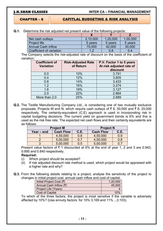 J.K.SHAH CLASSES INTER CA – FINANCIAL MANAGEMENT
: 11 :
Q.1. Determine the risk adjusted net present value of the following projects:
X Y Z
Net cash outlays 2,10,000 1,20,000 1,00,000
Project life 5 years 5 years 5 years
Annual Cash inflow 70,000 42,000 30,000
Coefficient of variation 1.2 0.8 0.4
The Company selects the risk-adjusted rate of discount on the basis of the coefficient of
variation:
Coefficient of
Variation
Risk-Adjusted Rate
of Return
P.V. Factor 1 to 5 years
At risk adjusted rate of
discount
0.0 10% 3.791
0.4 12% 3.605
0.8 14% 3.433
1.2 16% 3.274
1.6 18% 3.127
2.0 22% 2.864
More than 2.0 25% 2.689
Q.2. The Textile Manufacturing Company Ltd., is considering one of two mutually exclusive
proposals, Projects M and N, which require cash outlays of ` 8, 50,000 and ` 8, 25,000
respectively. The certainty-equivalent (C.E) approach is used in incorporating risk in
capital budgeting decisions. The current yield on government bonds is 6% and this is
used as the risk free rate. The expected net cash flows and their certainty equivalents are
as follows:
Project M Project N
Year – end Cash Flow C.E. Cash Flow C.E.
1 4,50,000 0.8 4,50,000 0.9
2 5,00,000 0.7 4,50,000 0.8
3 5,00,000 0.5 5,00,000 0.7
Present value factors of ` 1 discounted at 6% at the end of year 1, 2 and 3 are 0.943,
0.890 and 0.840 respectively.
Required:
(i) Which project should be accepted?
(ii) If risk adjusted discount rate method is used, which project would be appraised with
a higher rate and why?
Q.3. From the following details relating to a project, analyse the sensitivity of the project to
changes in initial project cost, annual cash inflow and cost of capital:
Initial Project Cost (`) 1,20,000
Annual Cash Inflow (`) 45,000
Project Life (Years) 4
Cost of Capital 10%
To which of the three factors, the project is most sensitive if the variable is adversely
affected by 10%? (Use annuity factors: for 10% 3.169 and 11% ...3.103).
CHAPTER – 6 CAPITLAL BUDGETING & RISK ANALYSIS
 