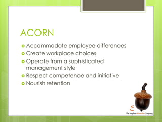 ACORN
 Accommodate      employee differences
 Create workplace choices
 Operate from a sophisticated
  management style...