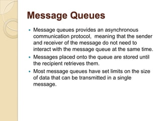 Message Passing Systems<br />Direct or Indirect communications <br />Symmetric or Asymmetric communications<br />Automatic...