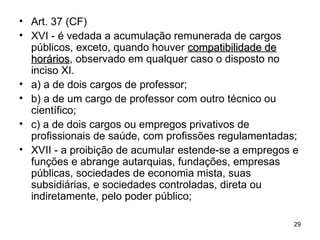 Art. 37 (CF) XVI - é vedada a acumulação remunerada de cargos públicos, exceto, quando houver  compatibilidade de horários , observado em qualquer caso o disposto no inciso XI.  a) a de dois cargos de professor;  b) a de um cargo de professor com outro técnico ou científico;  c) a de dois cargos ou empregos privativos de profissionais de saúde, com profissões regulamentadas;  XVII - a proibição de acumular estende-se a empregos e funções e abrange autarquias, fundações, empresas públicas, sociedades de economia mista, suas subsidiárias, e sociedades controladas, direta ou indiretamente, pelo poder público;  