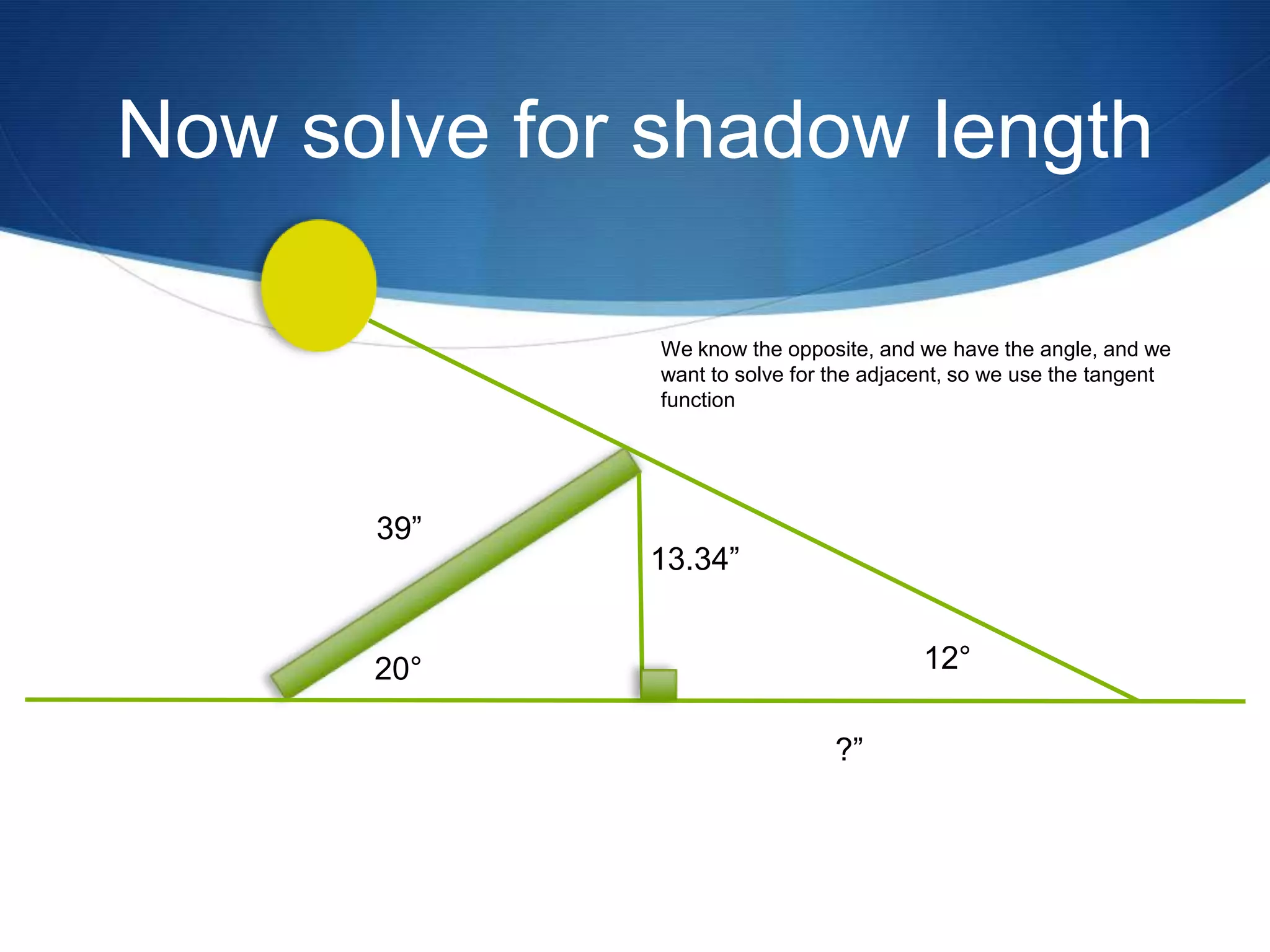 Now solve for shadow length

              We know the opposite, and we have the angle, and we
              want to solve for the adjacent, so we use the tangent
              function




      39”
             13.34”


      20°                                12°

                                ?”
 