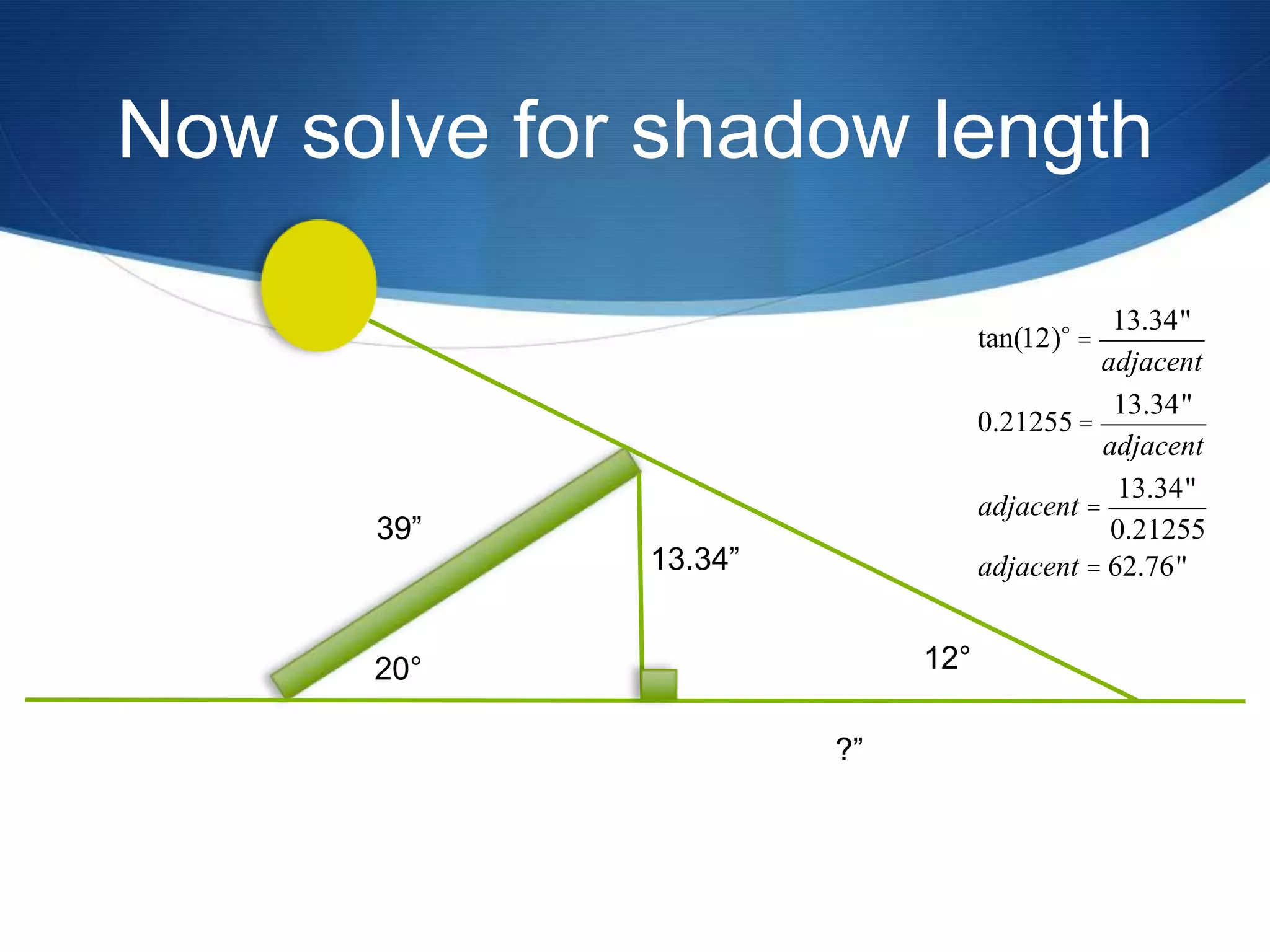 Now solve for shadow length

                                             13.34"
                                 tan(12)° =
                                           adjacent
                                             13.34"
                                 0.21255 =
                                            adjacent
                                             13.34"
                                 adjacent =
      39”                                    0.21255
             13.34”              adjacent = 62.76"


      20°                  12°

                      ?”
 