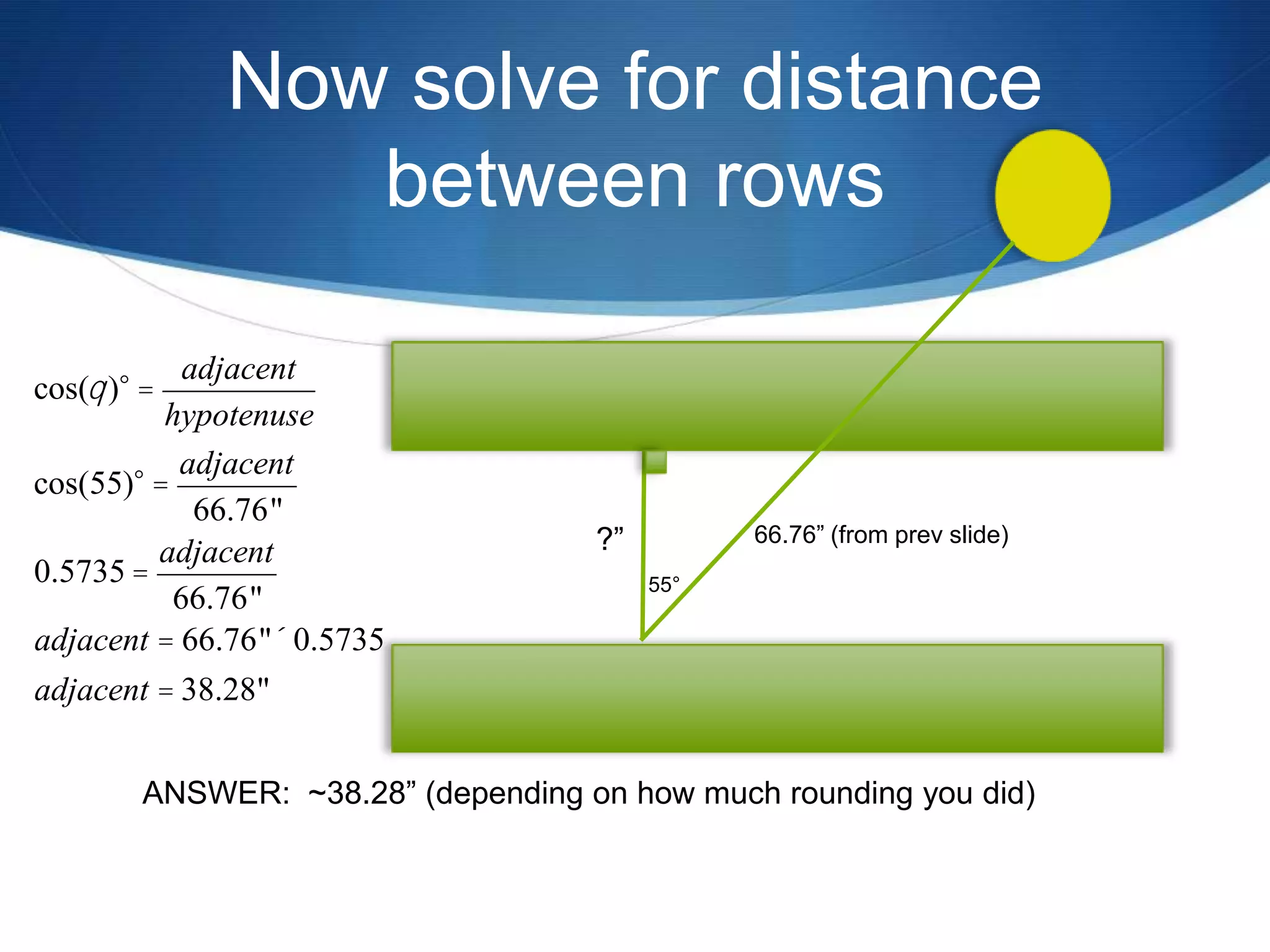 Now solve for distance
                between rows

            adjacent
cos(q )° =
          hypotenuse
           adjacent
cos(55)° =
             66.76"
                                    ?”         66.76” (from prev slide)
         adjacent
0.5735 =                                 55°
           66.76"
adjacent = 66.76"´ 0.5735
adjacent = 38.28"


        ANSWER: ~38.28” (depending on how much rounding you did)
 