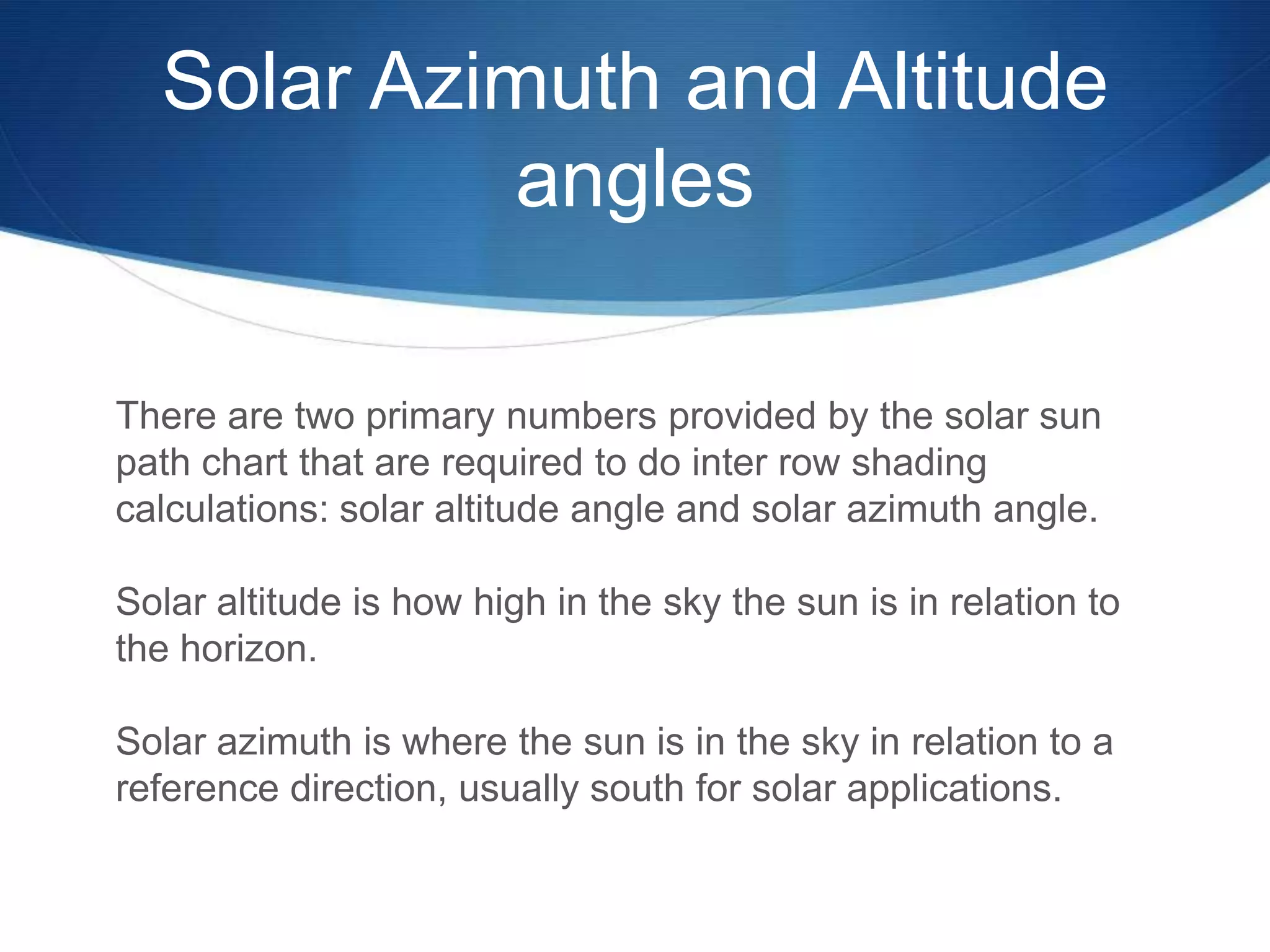 Solar Azimuth and Altitude
           angles

There are two primary numbers provided by the solar sun
path chart that are required to do inter row shading
calculations: solar altitude angle and solar azimuth angle.

Solar altitude is how high in the sky the sun is in relation to
the horizon.

Solar azimuth is where the sun is in the sky in relation to a
reference direction, usually south for solar applications.
 