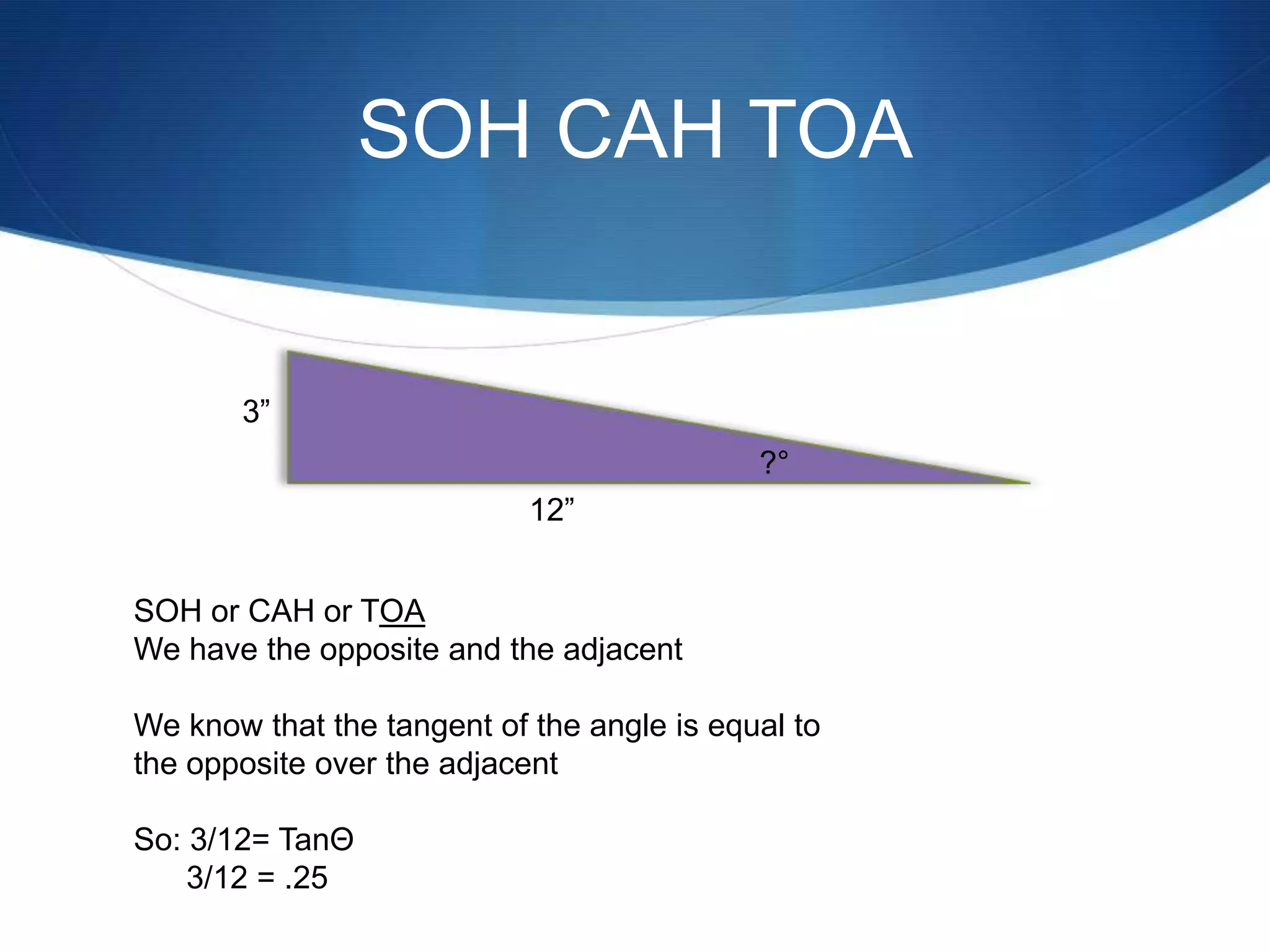 SOH CAH TOA


       3”
                                            ?°
                            12”


SOH or CAH or TOA
We have the opposite and the adjacent

We know that the tangent of the angle is equal to
the opposite over the adjacent

So: 3/12= TanΘ
    3/12 = .25
 