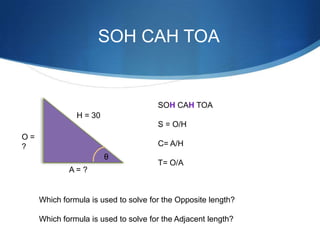 SOH CAH TOA


                                      SOH CAH TOA
               H = 30
                                      S = O/H
O=
?                                     C= A/H
                        θ
                                      T= O/A
             A= ?


     Which formula is used to solve for the Opposite length?

     Which formula is used to solve for the Adjacent length?
 